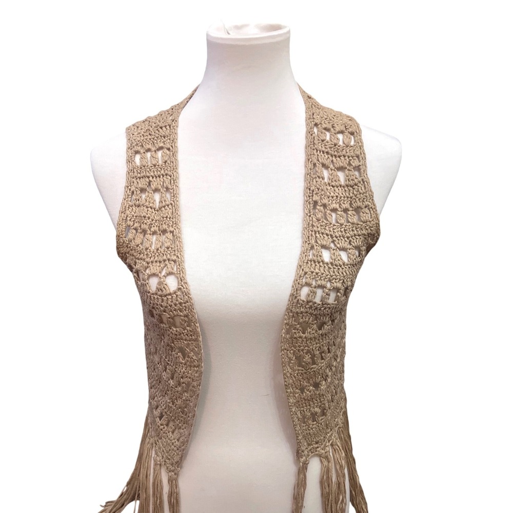 Umgee Tan Crochet Fringe Vest Womens Small Boho Hippie Open Knit Oatmeal Neutral